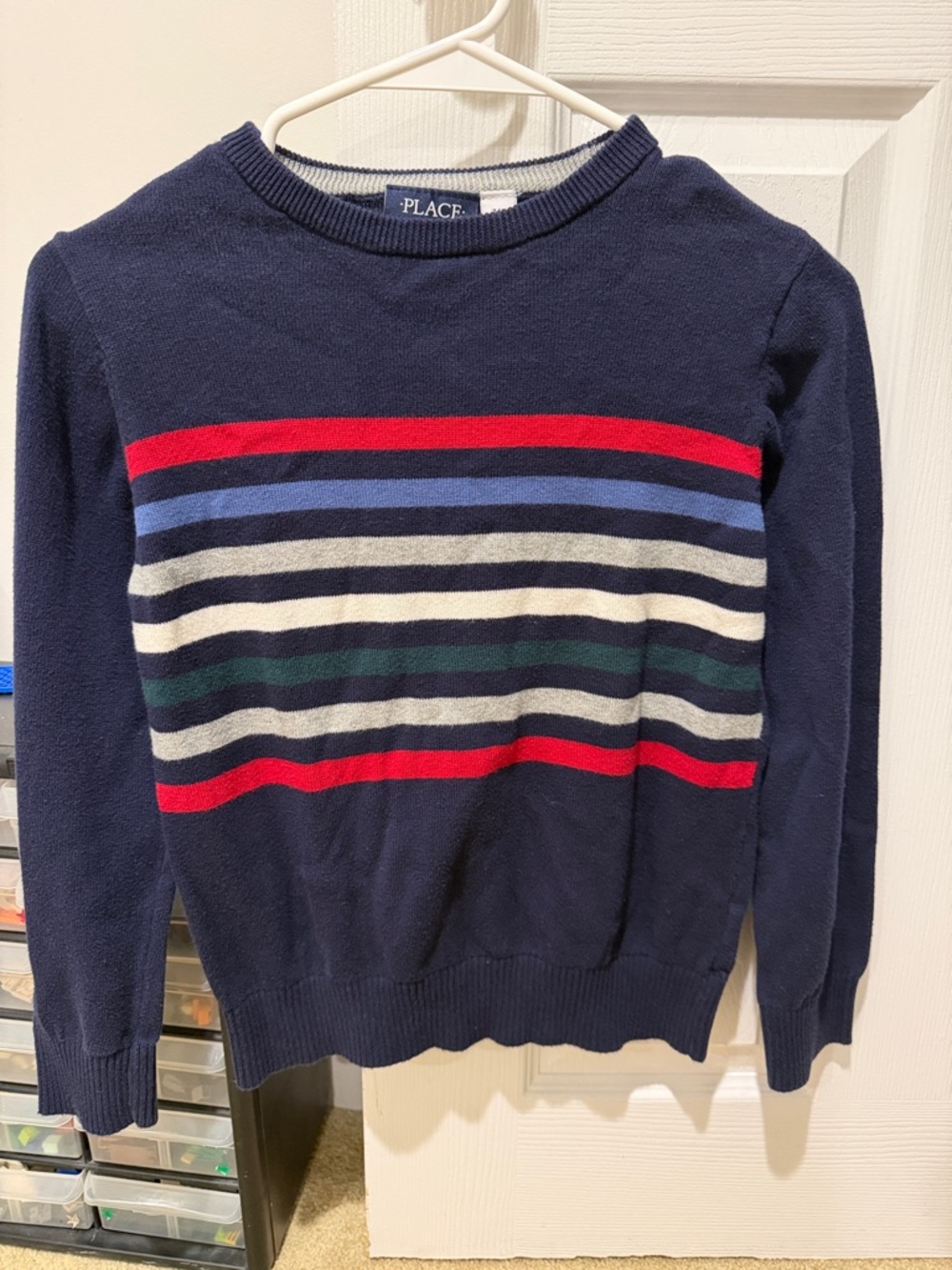 The Children's Place Navy Crewneck Sweater with Red, Blue, Cream & Green Stripes